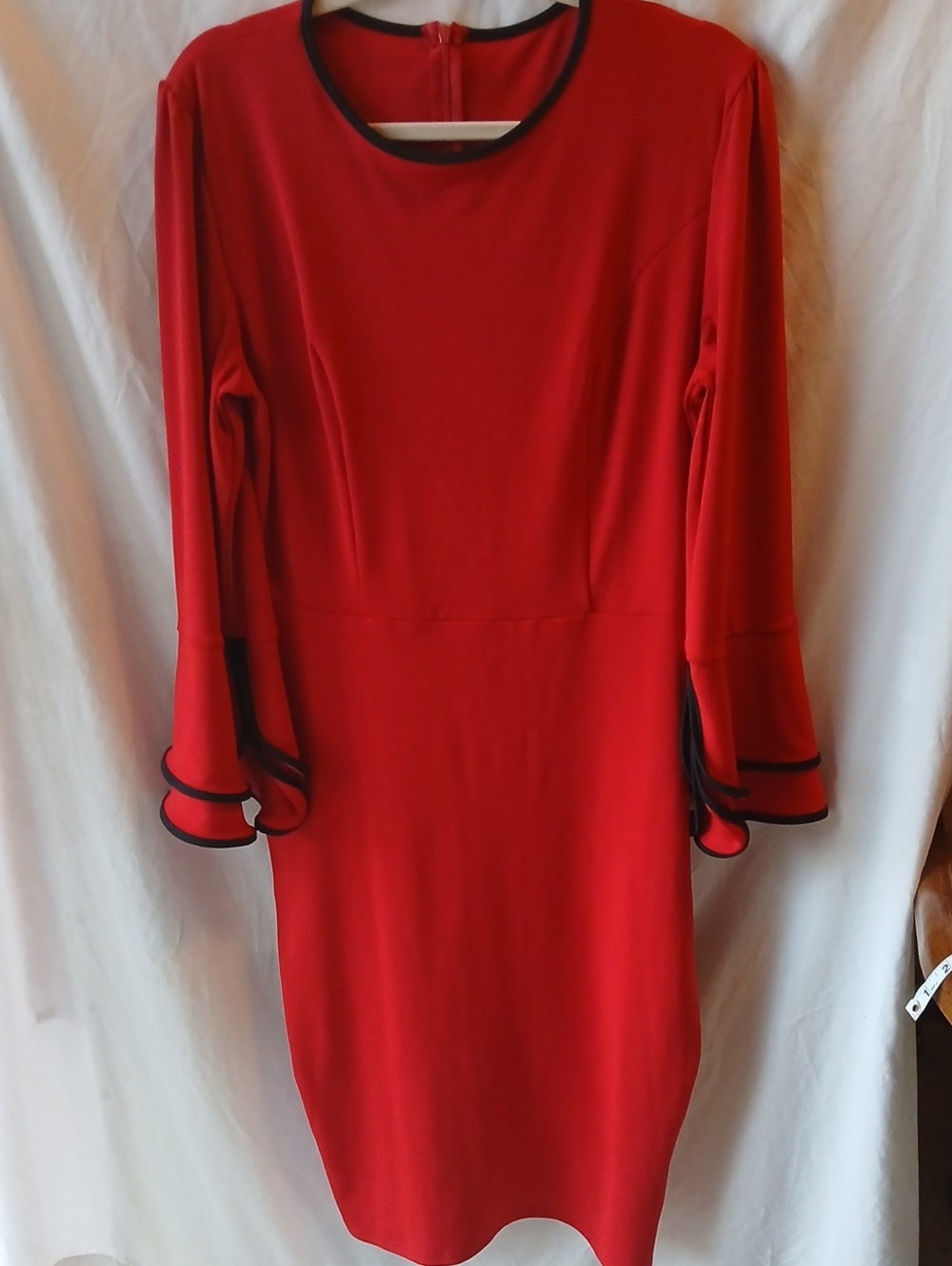 Source Unknown Red Long-Sleeve Ruffle Cuff Dress with Black Trim